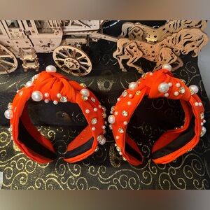 Headband Red/Orange w/ Pearl & Crystal Embellishments NWOT (1) Piece